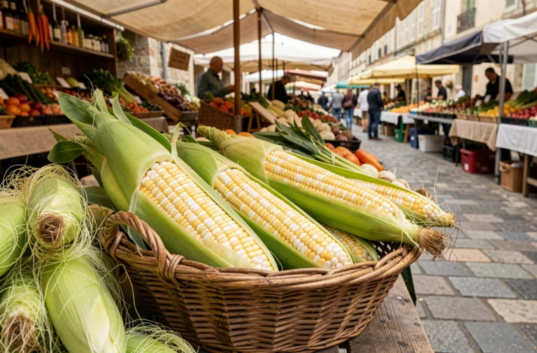 Cobettes fraîches disposées dans un panier en osier sur un étal de marché provençal