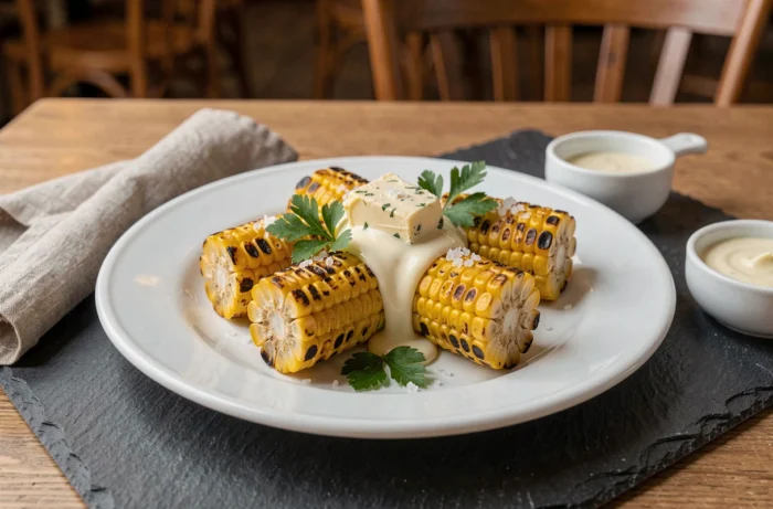 Cobettes grillées au beurre aux herbes servies sur une assiette en céramique blanche dans un bistrot français