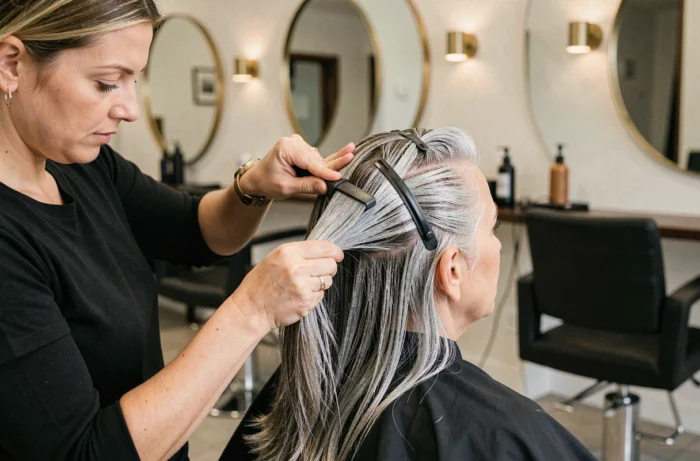 Coiffeuse professionnelle appliquant une technique de grey blending sur les cheveux d'une cliente en salon de coiffure moderne