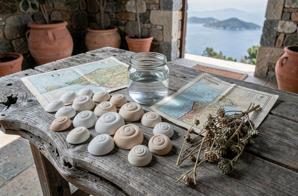 Collection d'œils de Sainte Lucie disposés en flat lay sur du bois flotté avec une carte de la Corse et des herbes de maquis