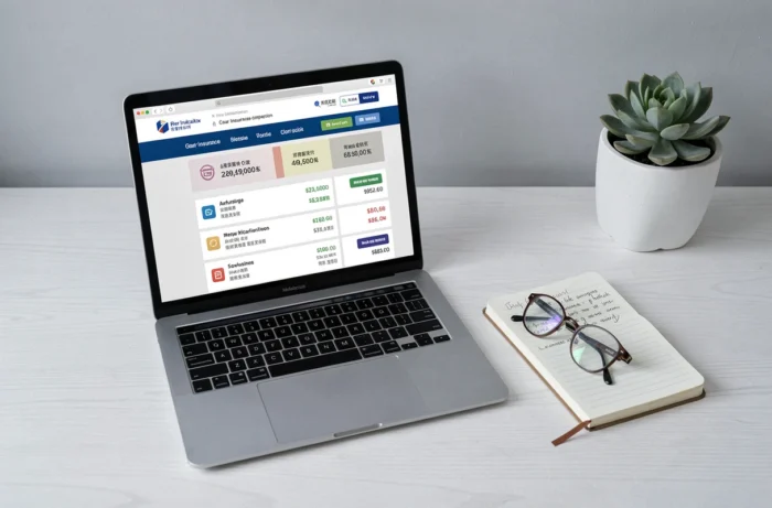 Comparaison des garanties d'assurance auto sur un ordinateur portable avec notes manuscrites