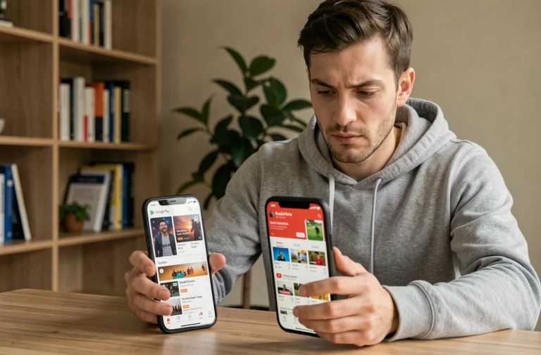 Homme comparant les applications Google Play et YouTube sur deux smartphones côte à côte dans un bureau à domicile