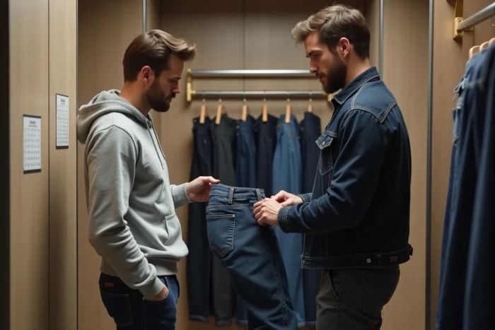 Deux hommes comparant la coupe et la taille de jeans Freeman Porter dans une cabine d'essayage
