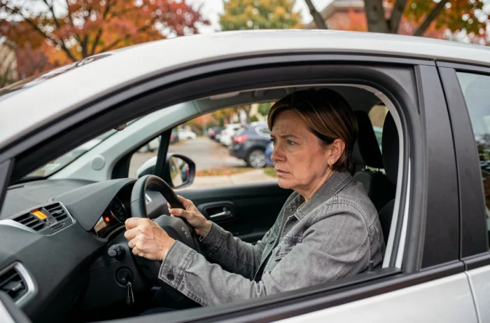Conductrice inquiète observant un voyant orange allumé sur le tableau de bord de sa Peugeot 208 garée en ville