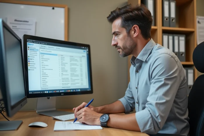 Homme consultant un tableau de bord logiciel Berger Levrault sur un écran de bureau avec prise de notes
