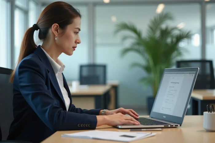 Femme configurant un logiciel de gestion sur un ordinateur portable dans un bureau administratif moderne
