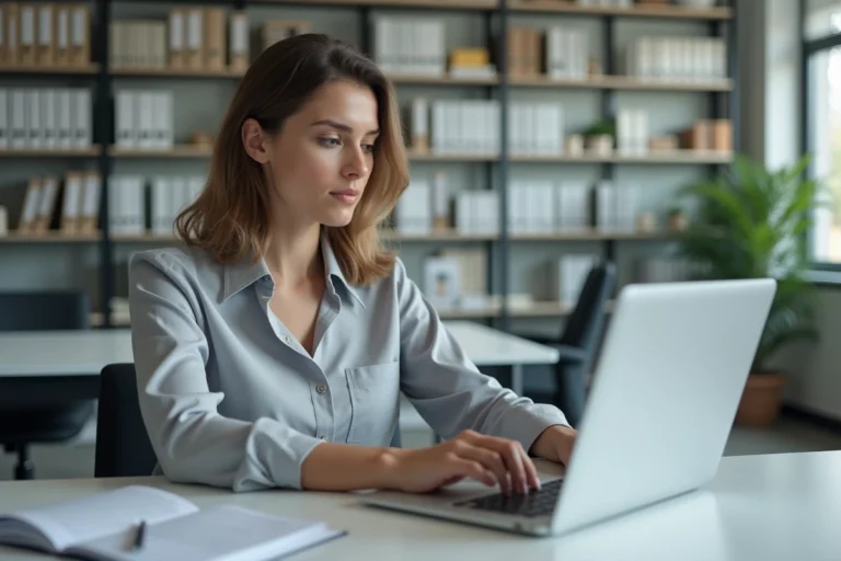 Femme professionnelle connectée à une plateforme de formation en ligne IGPDE sur un ordinateur portable dans un bureau administratif