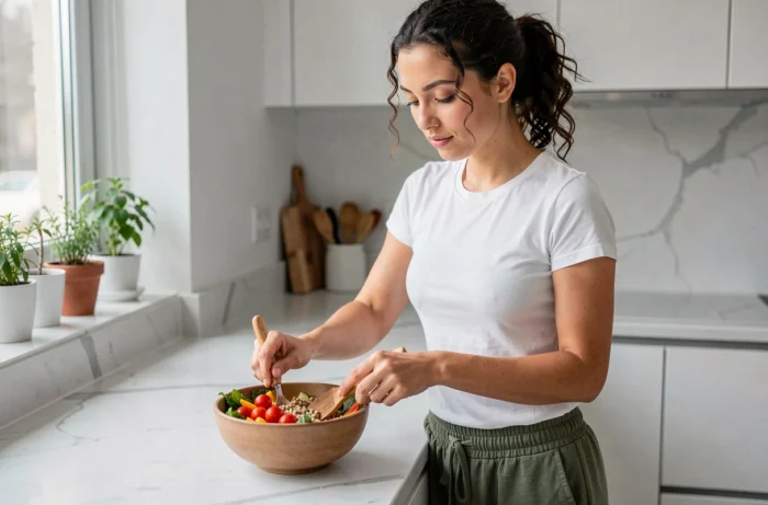 Jeune femme préparant un repas sain et équilibré dans une cuisine moderne pour illustrer les conseils santé au quotidien