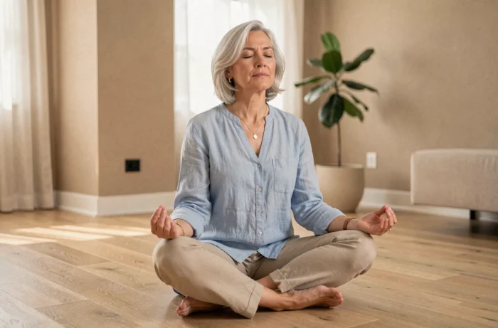 Femme de 50 ans pratiquant la respiration consciente sur un sol en bois dans un salon moderne et apaisant