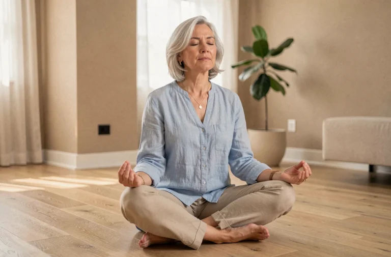 Femme de 50 ans pratiquant la respiration consciente sur un sol en bois dans un salon moderne et apaisant