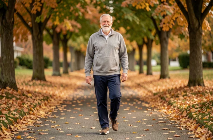 Homme âgé marchant seul dans un parc en automne pour prendre soin de sa santé physique au quotidien