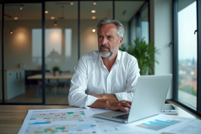 Consultant financier analysant les rendements locatifs sur des cartes et tableaux dans un bureau moderne à Lyon