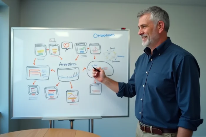 Consultant SEO expliquant une stratégie de référencement via des annuaires professionnels sur un tableau blanc en salle de réunion