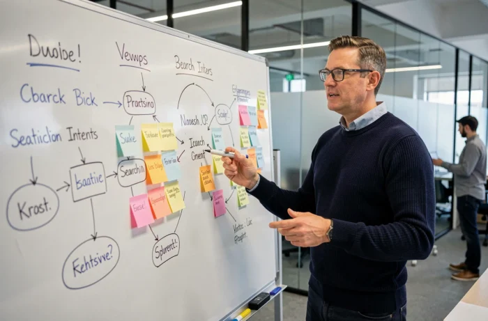 Consultant SEO masculin présentant une carte de mots clés sur tableau blanc dans un espace de travail collaboratif