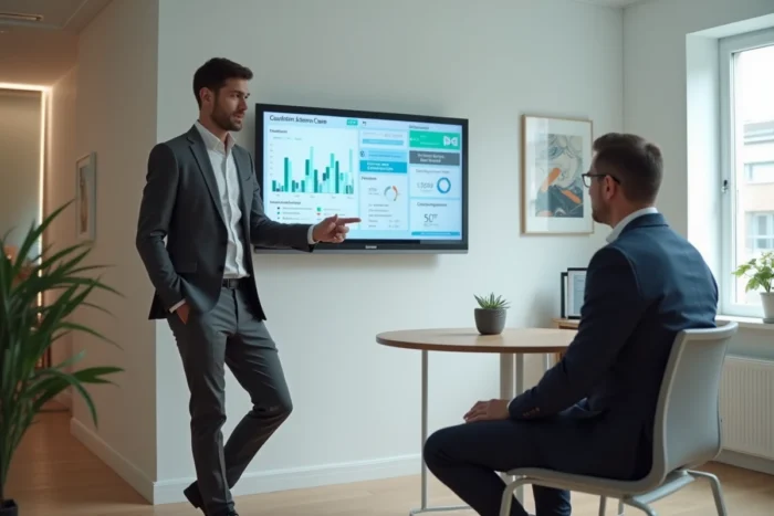Consultant présentant des services sur mesure pour booster la croissance d'une PME devant un écran de données