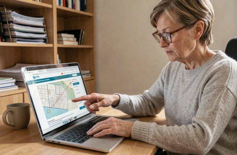 Femme consultant le cadastre en ligne sur un ordinateur portable dans un bureau à domicile