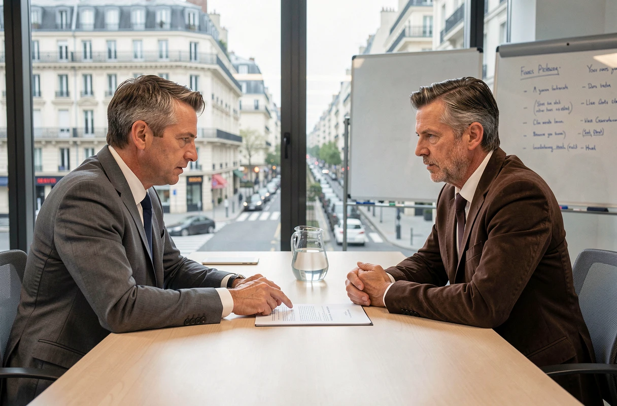 Deux experts-comptables ou conseillers juridiques en réunion de consultation autour de documents légaux dans une salle de conférence moderne à Paris