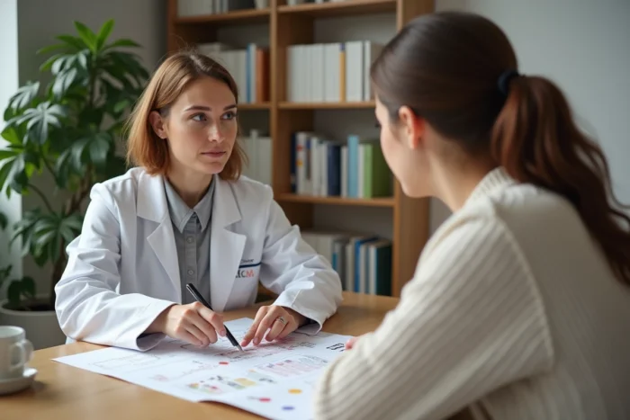 Consultation médicale entre une généticienne et une patiente atteinte de trisomie 4 dans un cabinet médical moderne