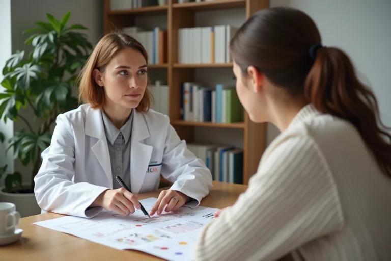 Consultation médicale entre une généticienne et une patiente atteinte de trisomie 4 dans un cabinet médical moderne