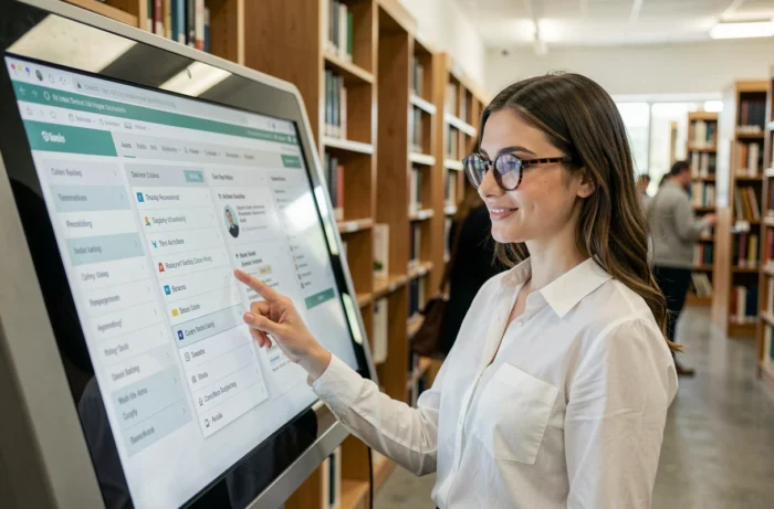 Jeune femme consultant un répertoire de pages et rubriques sur une borne numérique dans une bibliothèque publique