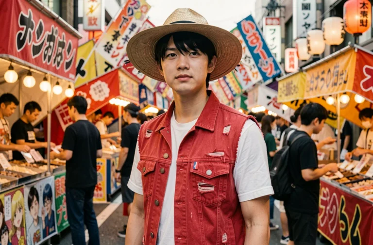 Cosplayer en tenue de Luffy de One Piece dans un marché japonais animé