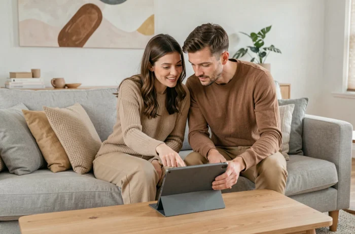 Couple adulte explorant ensemble une plateforme de rencontre en ligne depuis leur salon