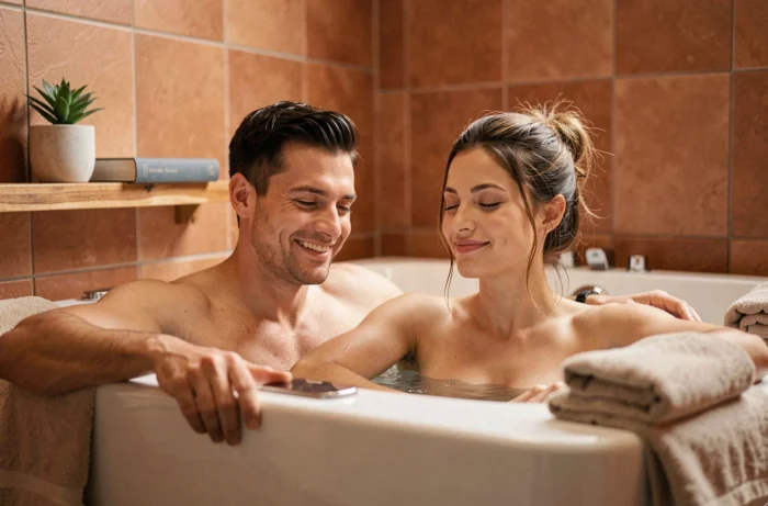 Couple détendu dans une baignoire balnéo deux places dans une salle de bain au style spa avec étagère en bois et plantes