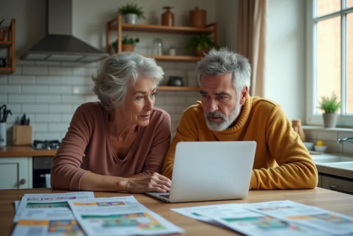 Un couple consulte des brochures de crédit immobilier et personnel sur leur table de cuisine, comparant les types de prêts disponibles