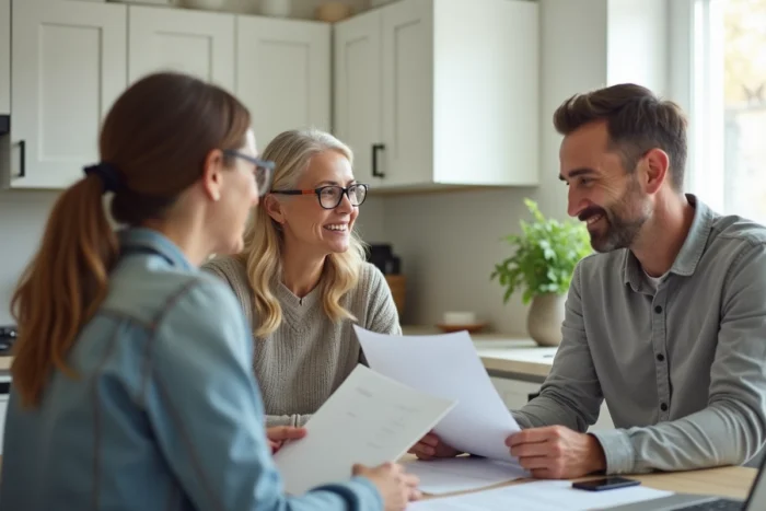 Couple discutant des garanties d'assurance prêt immobilier avec un conseiller