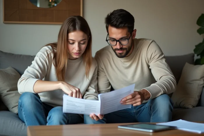 Couple consultant ensemble un dossier Action Logement pour identifier le code Visale dans leurs documents