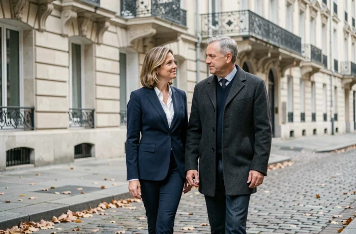 Couple élégant marchant côte à côte dans une rue pavée européenne huppée à l'automne, évoquant la complicité et la vie privée du couple
