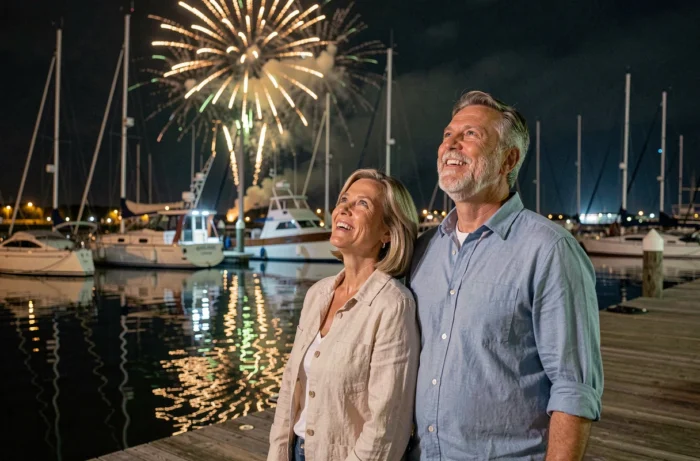 Couple admirant les feux d'artifice depuis un ponton de marina sur l'île d'Oléron lors d'une soirée estivale