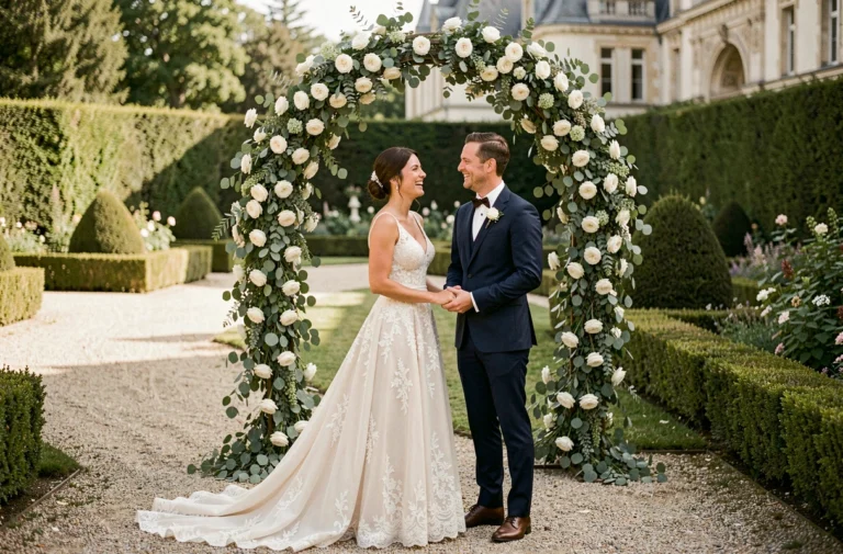 Couple de mariés souriants sous une arche florale dans un jardin de château français, robe en dentelle ivoire et costume marine