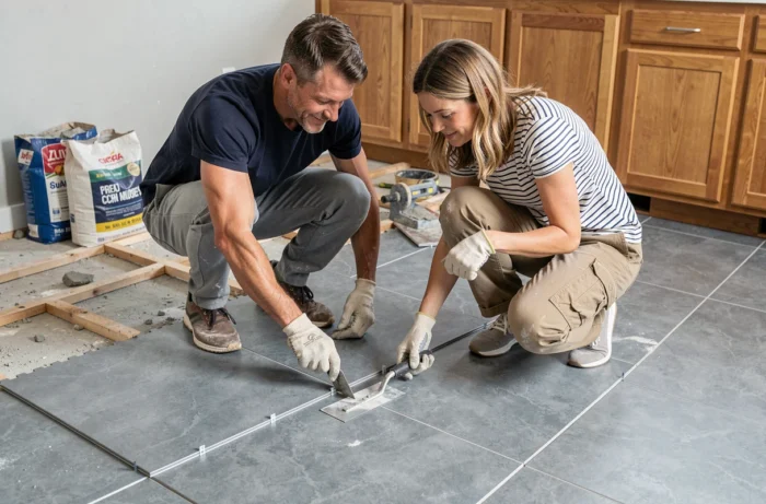 Couple posant des carreaux de céramique sur le sol d'une cuisine en rénovation avec outils de carrelage et mortier