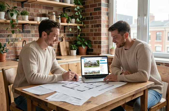 Jeune couple étudiant des plans et annonces immobilières sur ordinateur à une table en bois dans un appartement contemporain