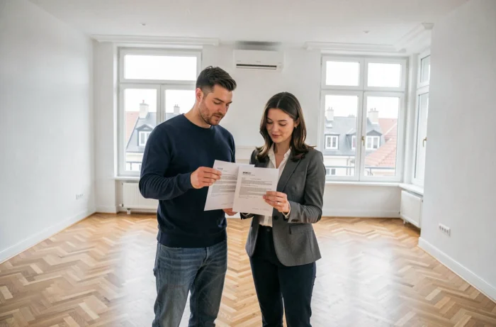 Couple examinant un contrat de location dans un appartement vide lors d'une visite immobilière sans agence
