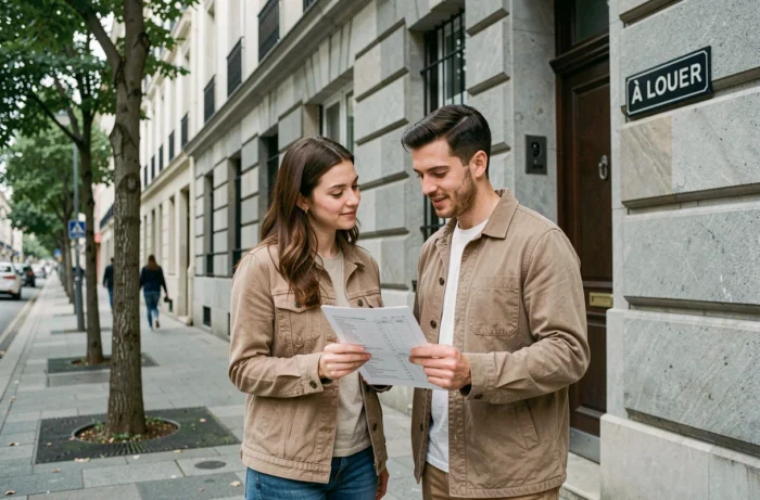Couple examinant une offre de location devant un immeuble résidentiel urbain