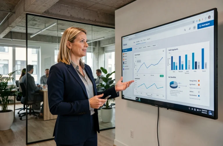 Directrice marketing B2B présentant une stratégie de croissance digitale sur un écran de conférence dans un bureau moderne