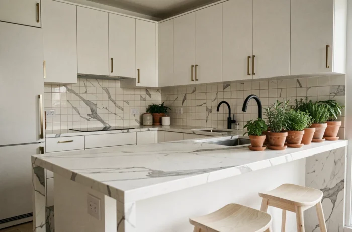Cuisine contemporaine ouverte avec îlot en marbre, carreaux zellige crème et accessoires en laiton brossé pour une maison moderne