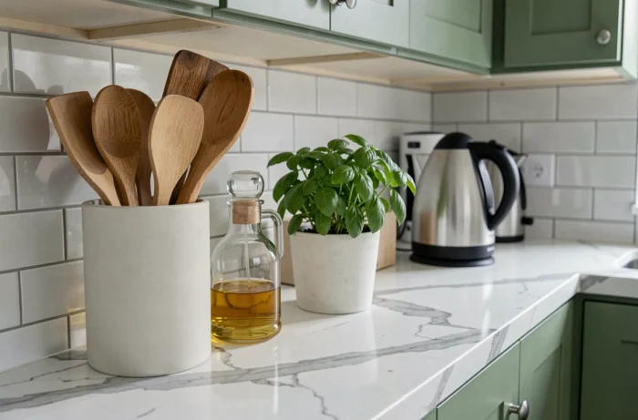 Plan de travail cuisine organisé avec des ustensiles en bois, bouilloire design et plantes aromatiques, accessoires pratiques et esthétiques pour la maison