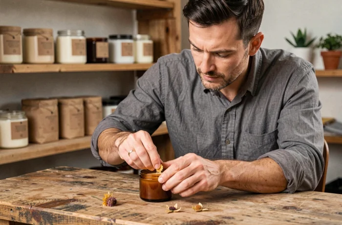Homme décorant une bougie végétale artisanale avec une fleur séchée dans un atelier de création de bougies maison