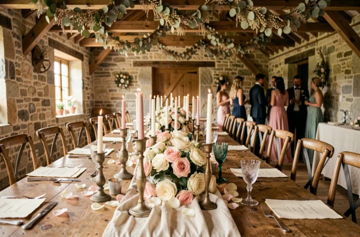 Décoration de table de mariage champêtre dans une grange en pierre avec roses, bougies et vaisselle vintage