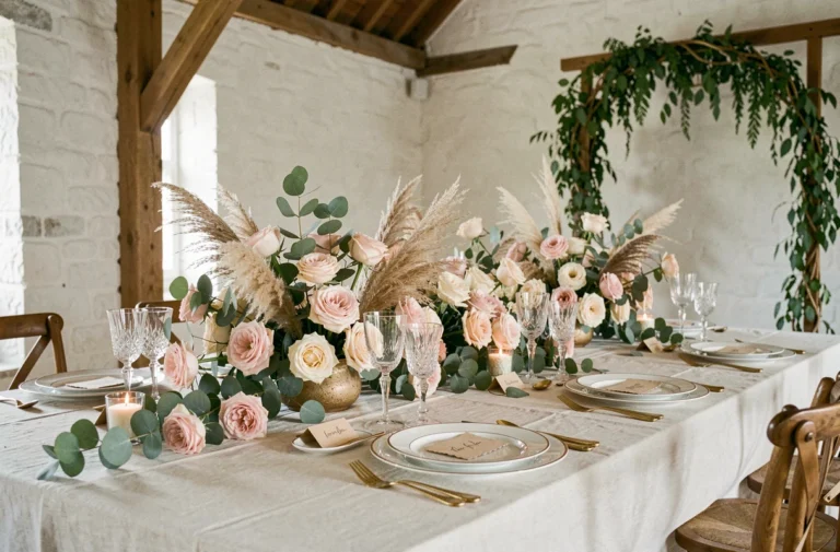 Table de mariage décorée avec des roses garden, de l'eucalyptus et de la pampa dans des tons blush et sauge, vaisselle en porcelaine dorée et verres en cristal dans une grange de campagne