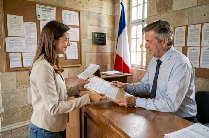 Une jeune femme dépose un dossier de mariage au guichet de la mairie, un agent municipal vérifiant les documents administratifs.