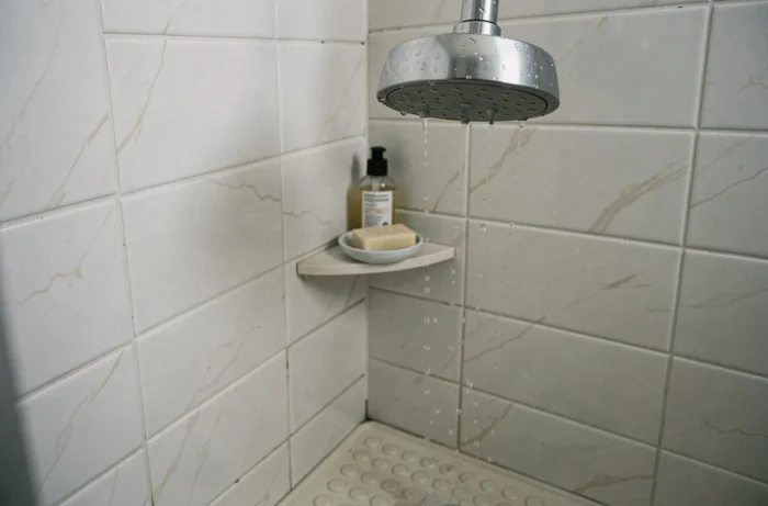 Gros plan sur une pomme de douche en inox dans une cabine de douche collective d'auberge de jeunesse