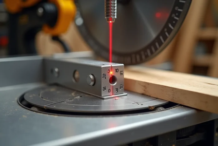Détail du mécanisme de réglage d'angle et du guide laser de la scie à onglet Tacklife 2000W