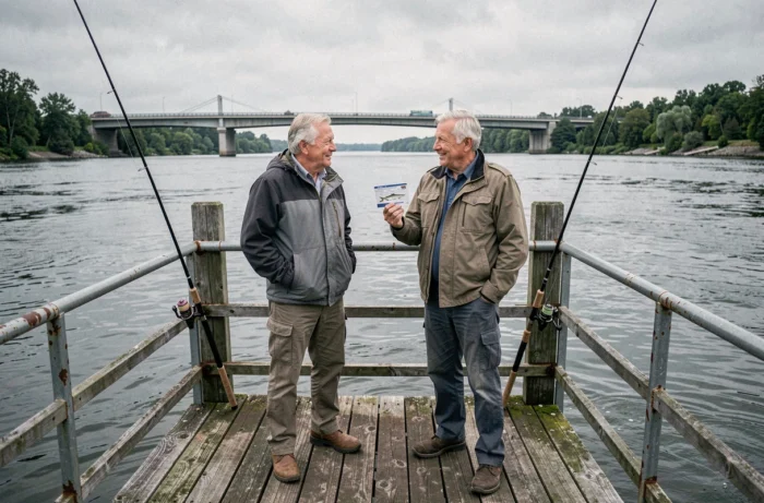 Deux hommes seniors sur un ponton de pêche tenant une carte de pêche et discutant des tarifs et avantages pour les seniors en 2026