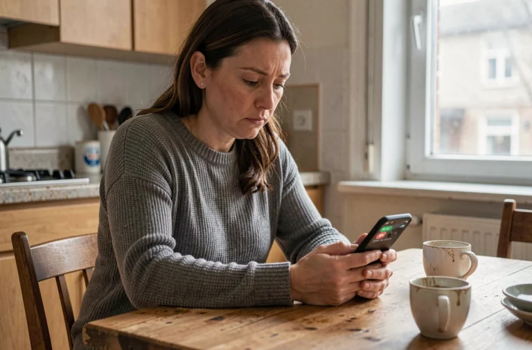 Femme adulte assise seule à une table de cuisine regardant un appel sans réponse sur son téléphone, illustrant la distance émotionnelle entre parents et enfants adultes
