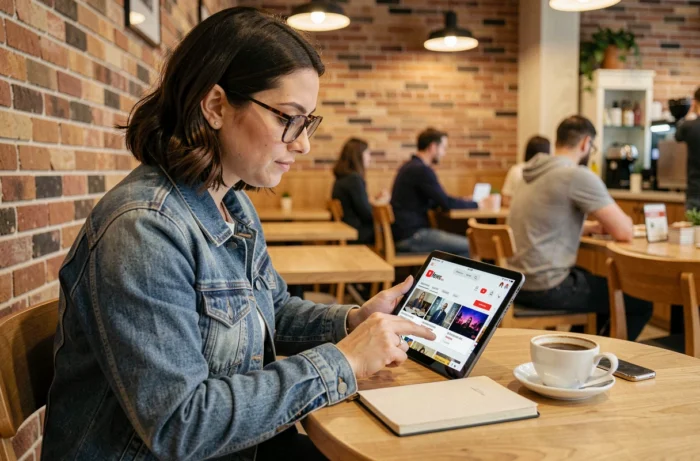 Femme consultant l'interface DNews sur une tablette dans un café urbain moderne