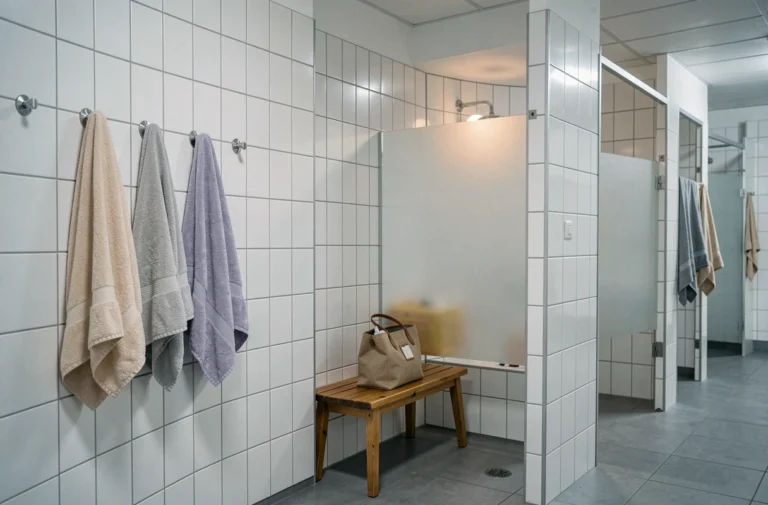 Douches collectives propres en auberge de jeunesse avec parois en verre dépoli et crochets chromés